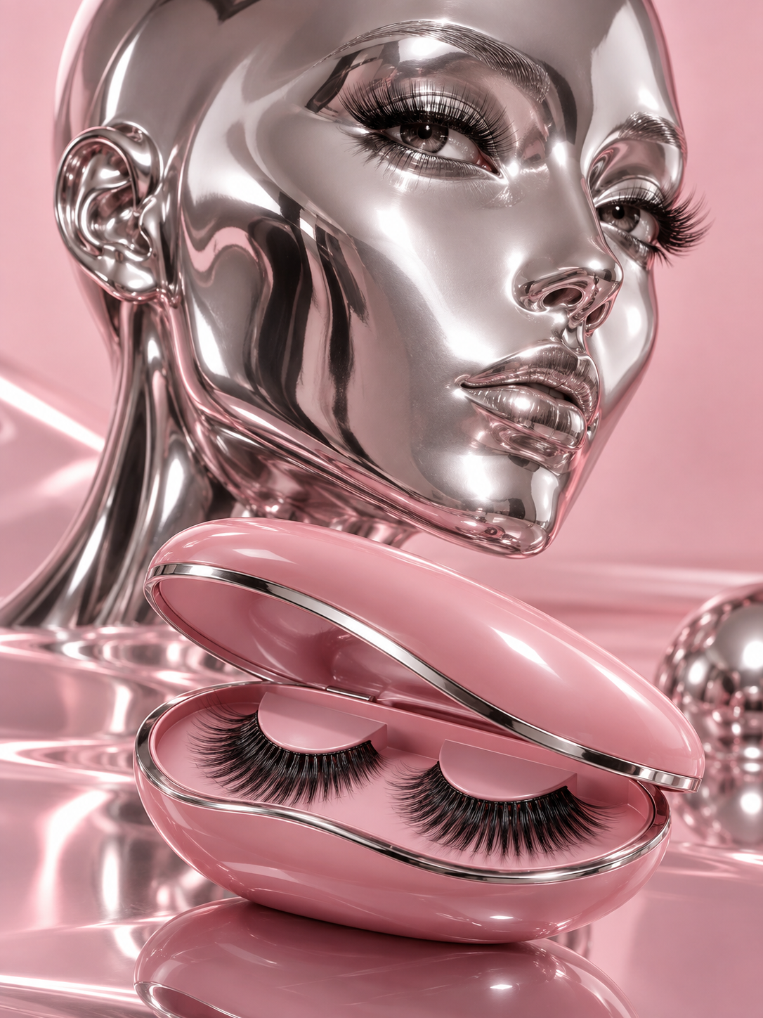 Futuristic chrome beauty sculpture with statement lashes