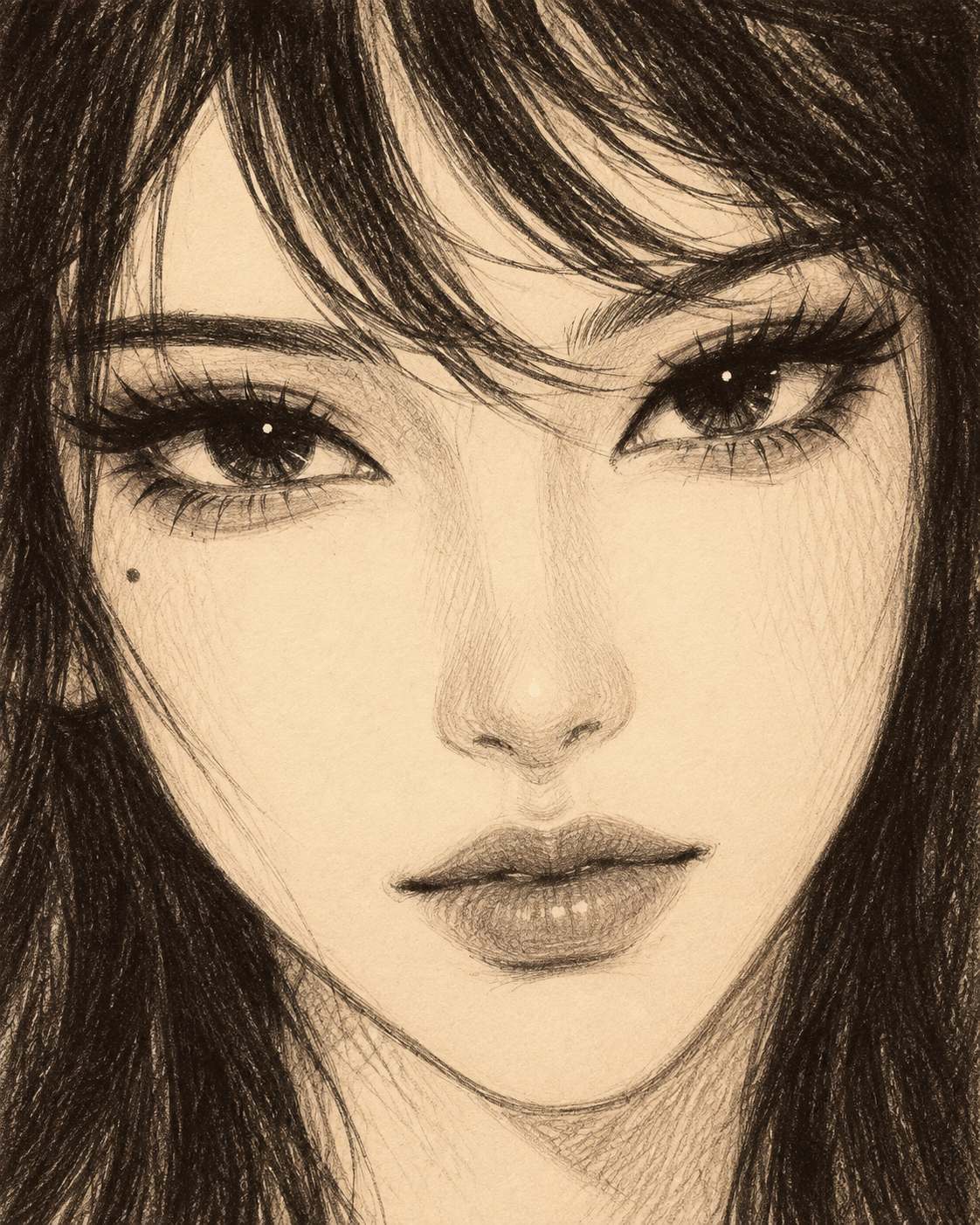 Pencil-drawn portrait illustrating manga lashes