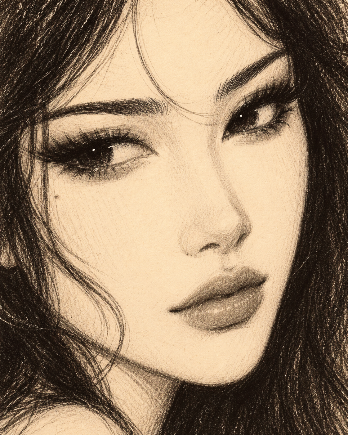 Pencil-drawn portrait illustrating volume lashes