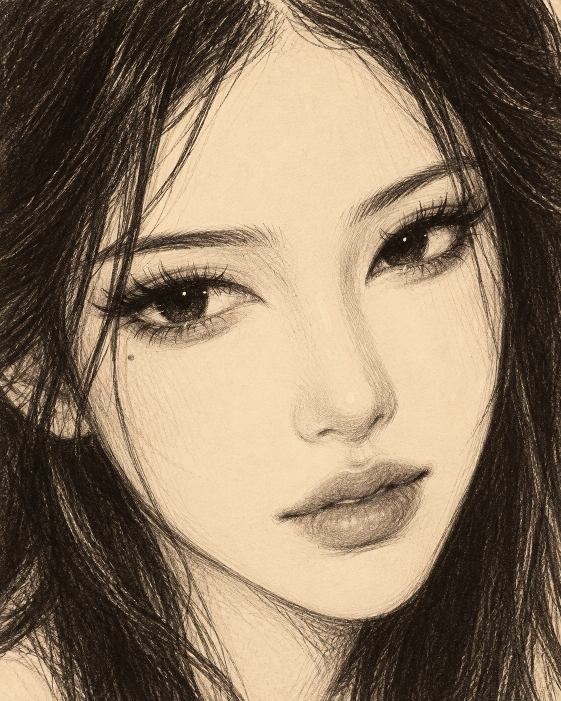 Pencil-drawn portrait illustrating wispy lashes